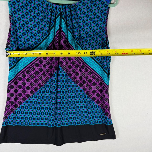 Calvin Klein Womens Teal Purple Geometric Print Sleeveless Pleated Shell Top - Picture 5 of 7